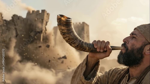 Biblical Scene: Priest Blowing Shofar Horn as Walls of Jericho Collapse and Crumble into Dust