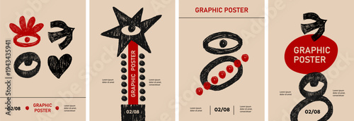 Modern abstract poster set with expressive hand drawn symbols including eyes, star, bird and geometric shapes. Rough sketch texture and bold red accents create an artistic contemporary composition