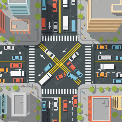 Busy City Intersection with Traffic Jam, Cars and Buildings from Above