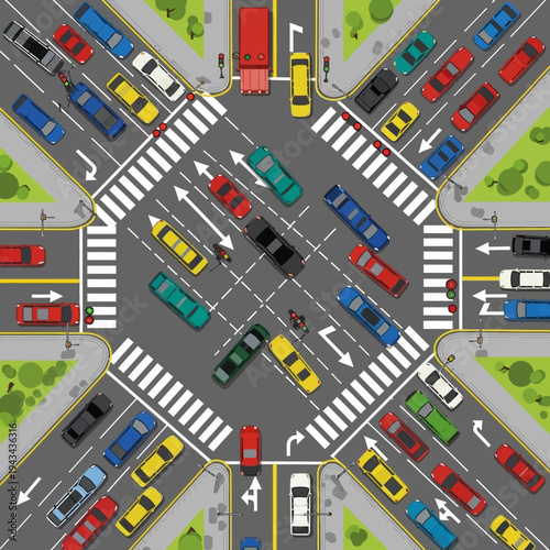 Busy City Intersection with Traffic Jam and Congestion