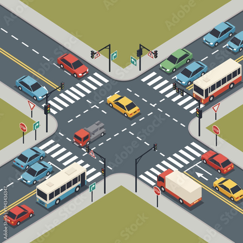 Busy city intersection with traffic, cars, buses, and trucks in isometric view
