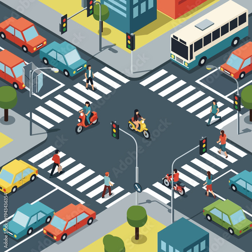 Busy City Intersection with Traffic, Pedestrians, and Vehicles in Isometric View