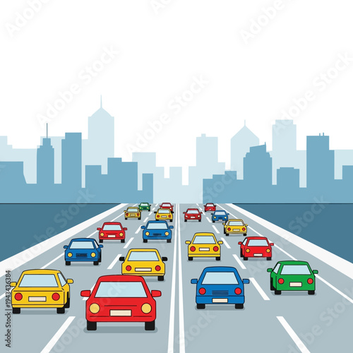Busy highway traffic with cars driving towards a city skyline