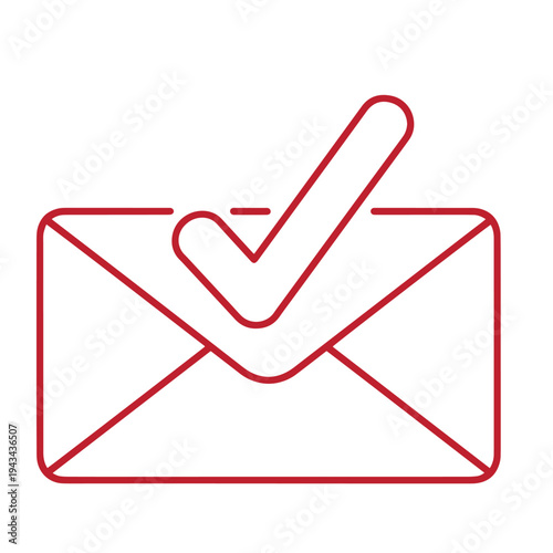 Red outline icon of an envelope with a checkmark on a white background for email confirmation or verified mail concept