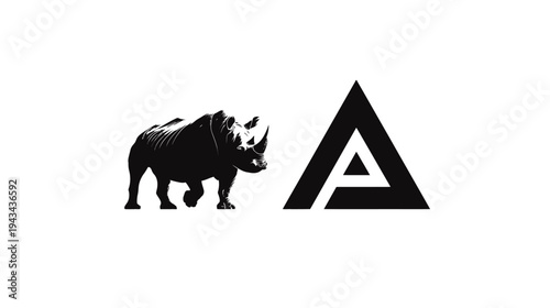 Silhouetted rhino next to geometric A logo, bold monochrome design. Clean, modern aesthetic