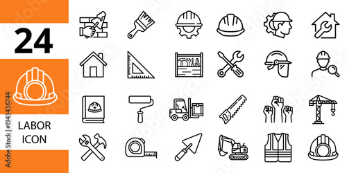 Labor and construction icons: hard hat, tools, builder, forklift, crane, safety vest, and industrial work symbols