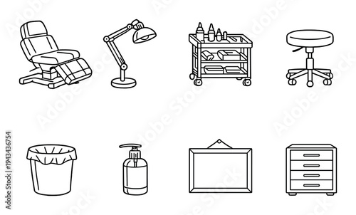 Clinic furniture and supplies arranged on dark gradient background