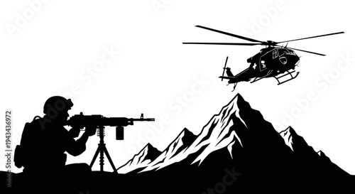 Silhouette Soldier with Machine Gun and Helicopter Flying Over Mountains