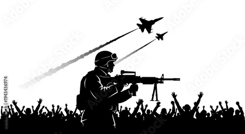 Silhouette Soldier with Machine Gun and Fighter Jets Flying Over Crowd