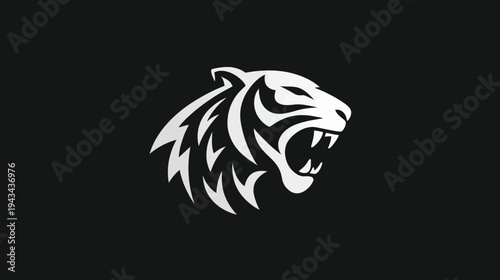 A fierce tiger head with open mouth and detailed white markings against a black background