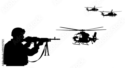 Soldier aiming machine gun at helicopters, military conflict, war scene