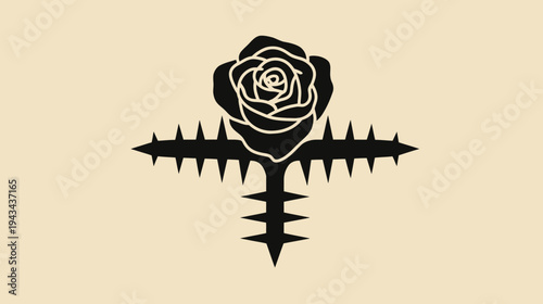 A black rose design, featuring thorns and petals, against a beige background, minimalist style