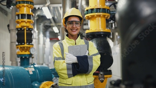 Foto A woman, perform maintenance on a water tower and pipeline system, focusing on cooling and safety in a construction site