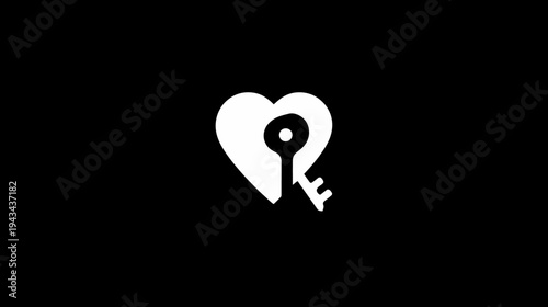 A white heart shape with a key through the middle set against a black background