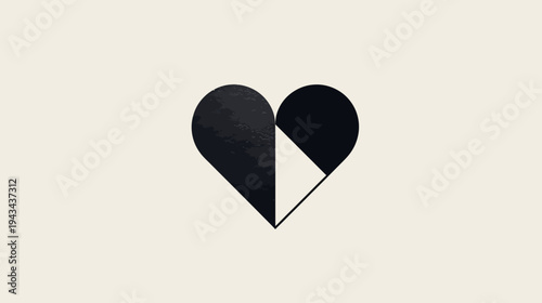 Graphic design of a stylized heart, split vertically with textured and solid black sections on cream