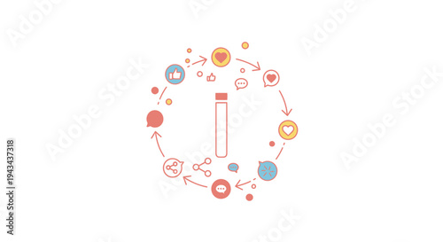 Social media cycle and content sharing : A vibrant graphic illustrates the interconnectedness of social media, with icons of likes, comments, and shares flowing in a circular pattern.