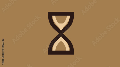 Graphic hourglass on a brown backdrop. Two tones dark brown and beige. Simple, stylized, clean lines