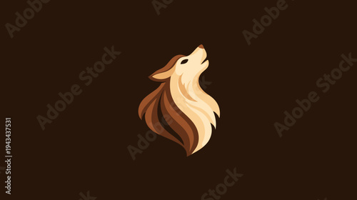 Stylized, brown wolf howling upwards against a dark brown background. Abstract geometric design