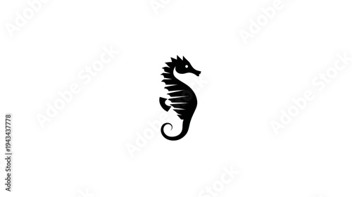 Black silhouette of a seahorse on white background. Seahorse faces right with detailed fins and tail curl