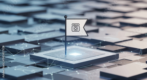 A flag marking a microchip on a futuristic circuit board with glowing connections.