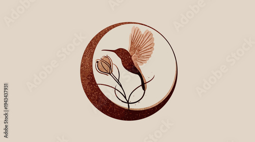 A stylized illustration features a hummingbird inside a circle, with a flower on a cream background