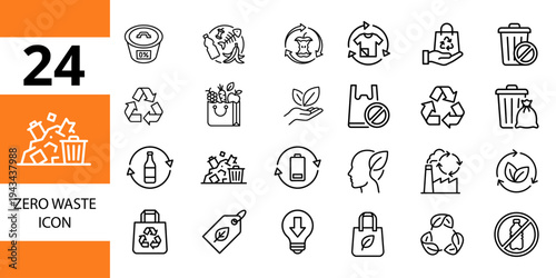 Zero waste icons: recycling, environment, sustainability, plastic free, eco-friendly