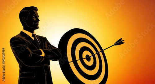 Businessman Standing Next to Target with Arrow in Bullseye, Achieving Goals