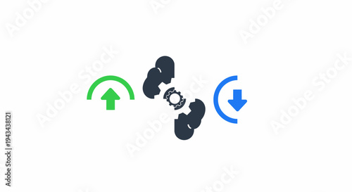 Simple gear system with arrows indicating rotation direction.