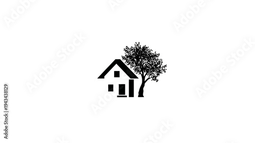A silhouette of a house with a tree beside it, against a white background