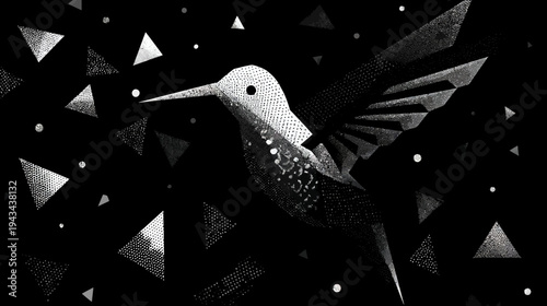 Black and white illustration features a stylized hummingbird with geometric elements and a dotted texture