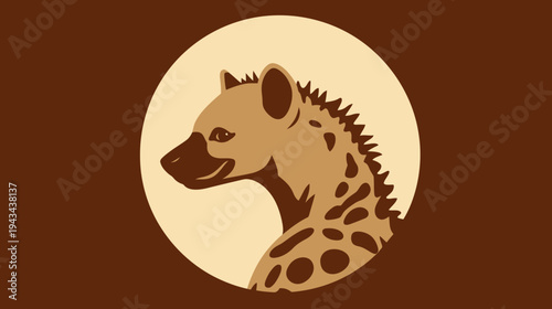A hyena illustration centered in a cream circle, set against a brown background