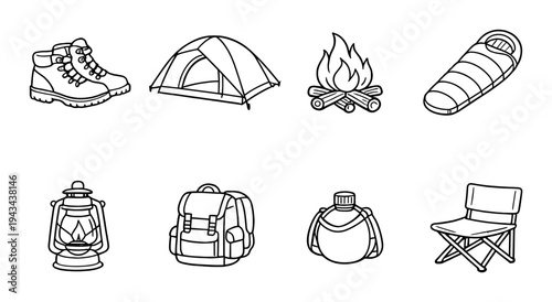 Camping gear and tent setup icons arranged on gray background