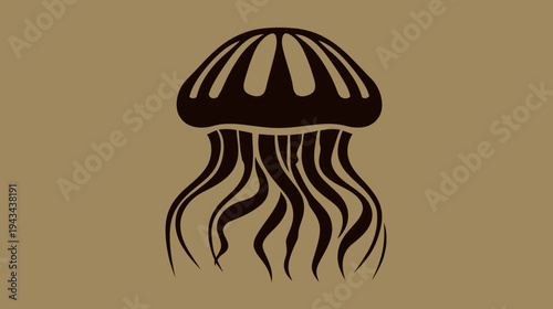Stylized illustration of a jellyfish, featuring a cap and flowing tentacles on a tan background