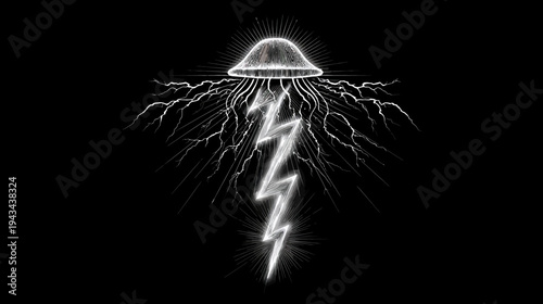 A grayscale illustration of a jellyfish shape emitting a lightning bolt on a black background