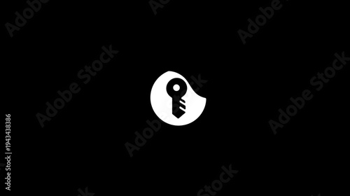 Black and white illustration of a key inside a rounded white shape on a dark background