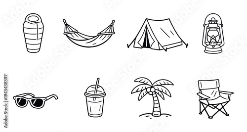 Camping and beach items displayed on dark gradient background