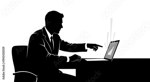 Businessman pointing at laptop screen with graph, silhouette of success and analysis