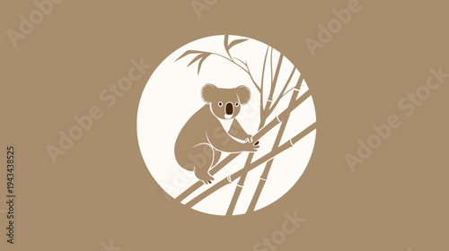 A monochrome illustration of a koala, perched on bamboo within a white circle against a tan backdrop