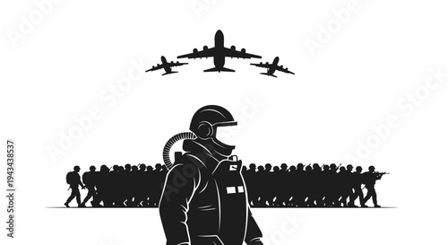 Soldier in Hazmat Suit Faces Airplanes and Crowd, Post-Apocalyptic Scene