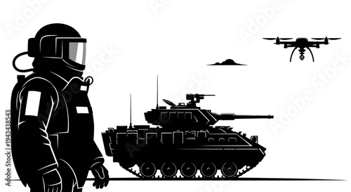 Soldier in hazmat suit, tank, and drone: futuristic military technology concept