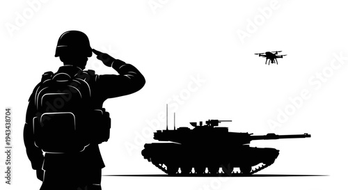 Soldier Saluting Near Tank and Drone, Military Technology and Warfare Concept