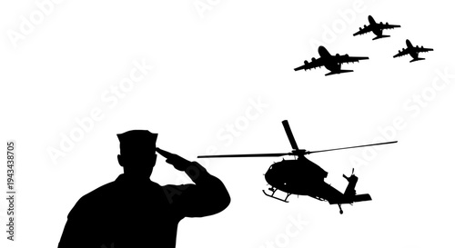Soldier Saluting Silhouette with Military Aircraft Flyover, Helicopter and Jets