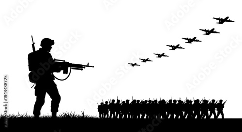Soldier Silhouette with Airplanes Formation and Marching Troops