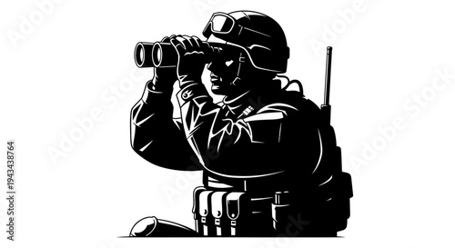 Soldier with binoculars looking into distance, military surveillance, tactical gear, black and white illustration