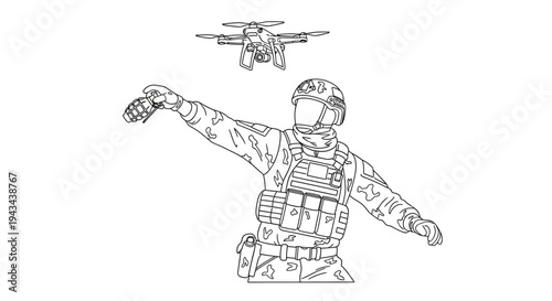 Soldier with drone and grenade, military technology, modern warfare concept