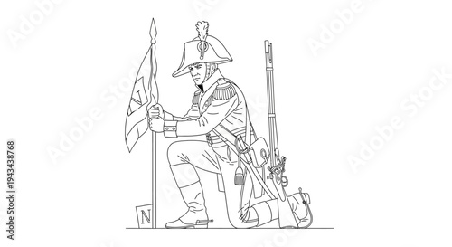 Soldier with Flag, Historical Military Uniform, Kneeling Pose, Vintage Illustration