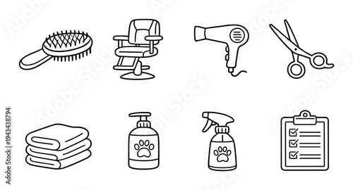 Barber chair and grooming equipment displayed as salon icons