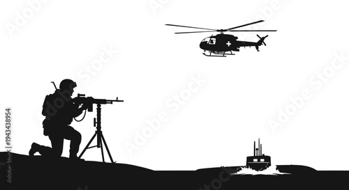 Soldier with Machine Gun Aims at Submarine, Helicopter Flies Overhead