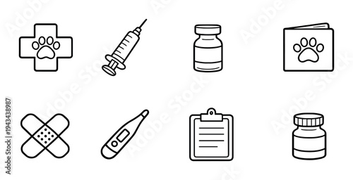 Veterinary vaccination and medical icons on gray background