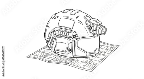 Tactical Helmet with Night Vision Goggles on Topographic Map